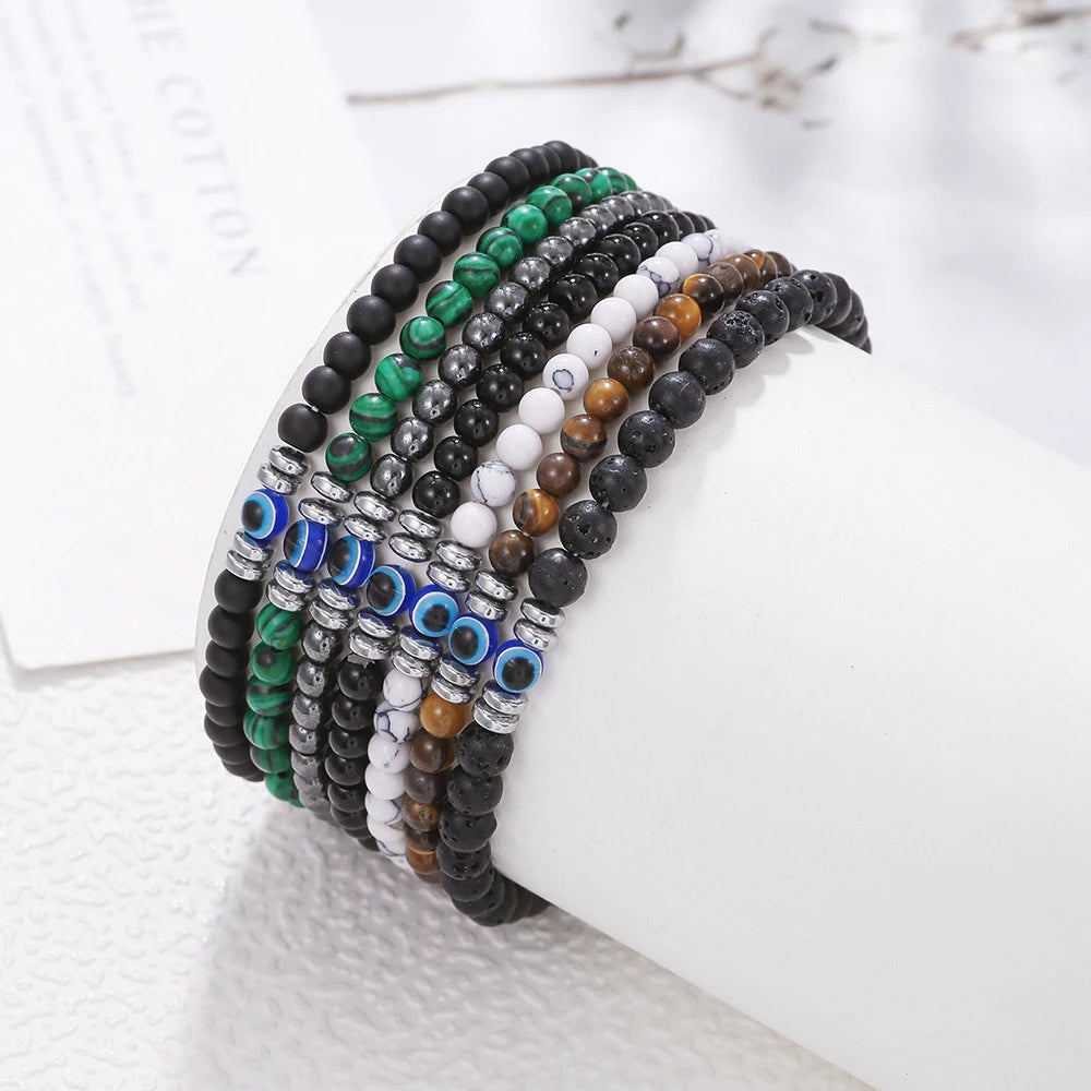 Men's 4mm Natural Lava Stone Tiger Eye Beads Bracelet Turkish Blue Evil Eyes Bracelet Prayer Yoga Bangles Jewelry Pulsera Hombre