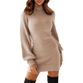 Women's Mock Neck Ribbed Long Sleeve Bodycon Pullover Cute Mini Sweater Dress