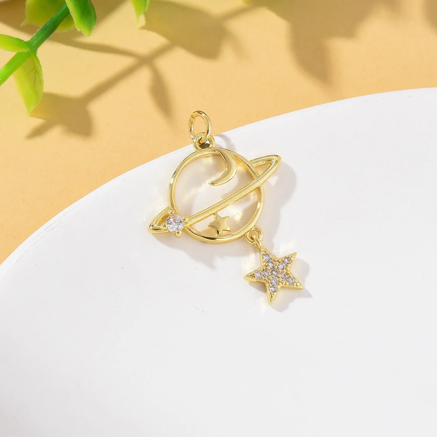 Space Charm Pendant 24x28mm 18k Gold-Plated Brass Planet Star Charm Jewelry Findings