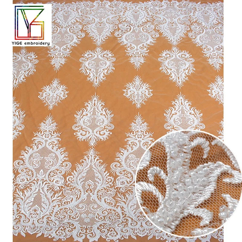 Factory Outlet Wholesale Embroidered French Tulle Laces Fabrics Bridal Beaded Embroidery Fabric for Wedding Dress Fabric