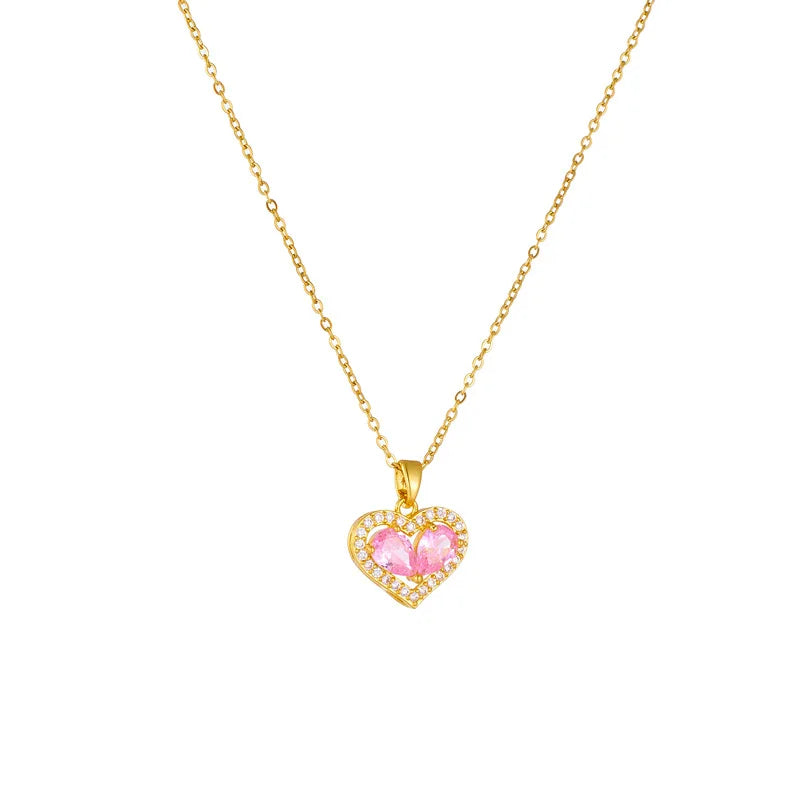 Hot Selling Stainless Steel Chain Necklace Women Copper Cubic Zircon Pink Heart Pendants Necklace 18K Gold Plated PVD Jewelry