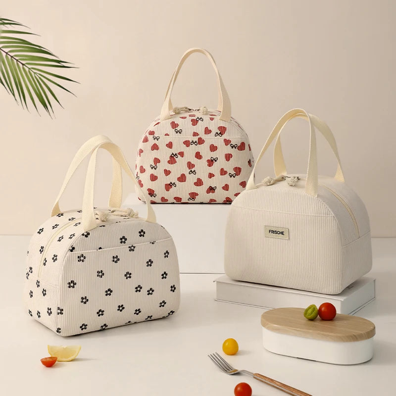 Large Capacity Corduroy Tote Bag Reusable Insulated Thermal School Work Picnic Travel Cooler Lunch Box Zipper Closure Food Drink