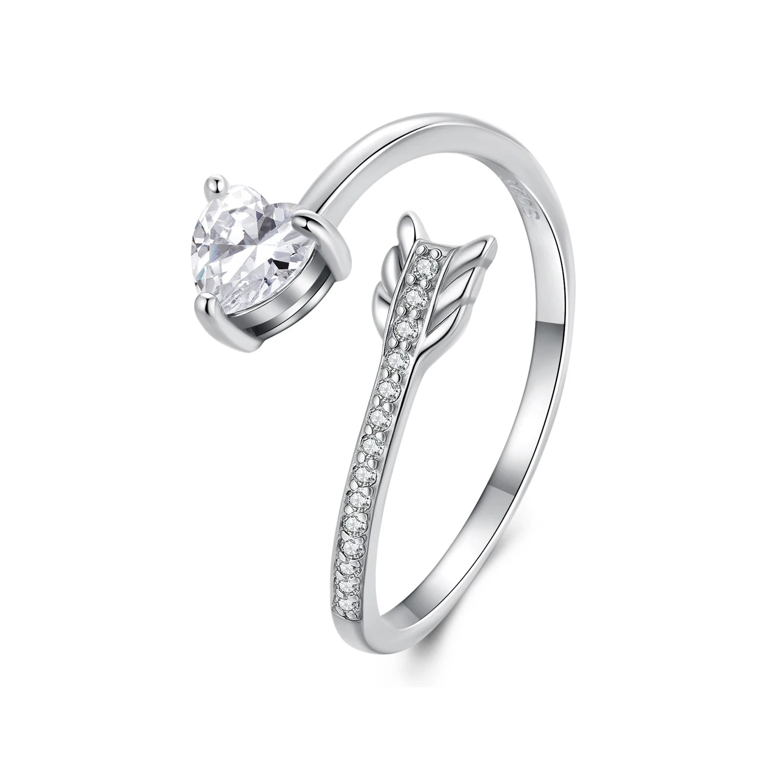 925 Sterling Silver Arrow & Heart Open Ring Adjustable Eternity Band Plated White Gold for Women Wedding Fine Jewelry BSR666