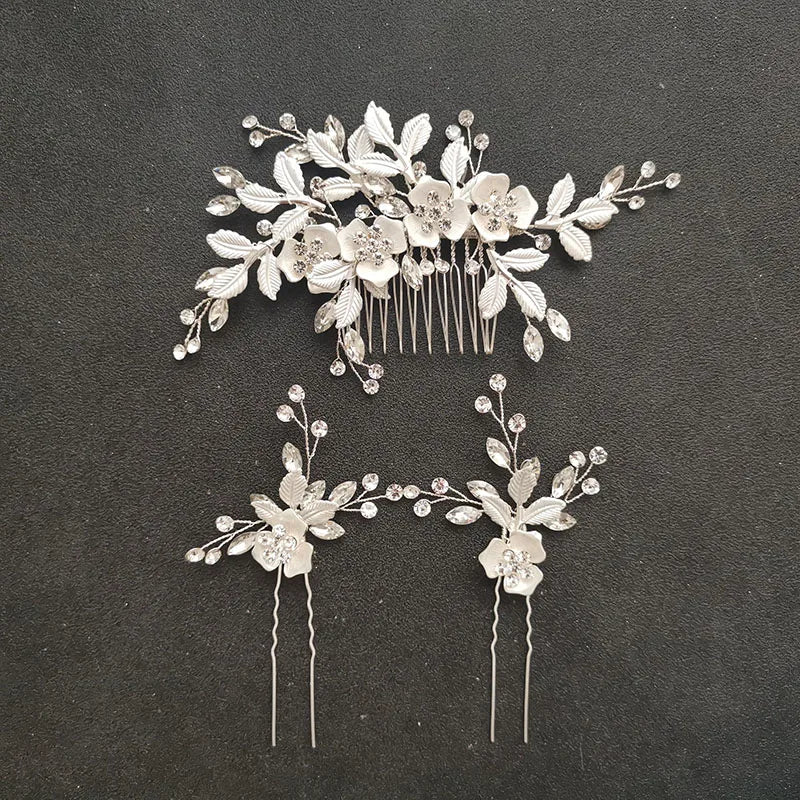 SLBRIDAL Handmade 3 Colors Rhinestones Austrian Crystal Bridal Wedding Hair Com Hair Pin Set Women Bridesmaids Jewelry Set