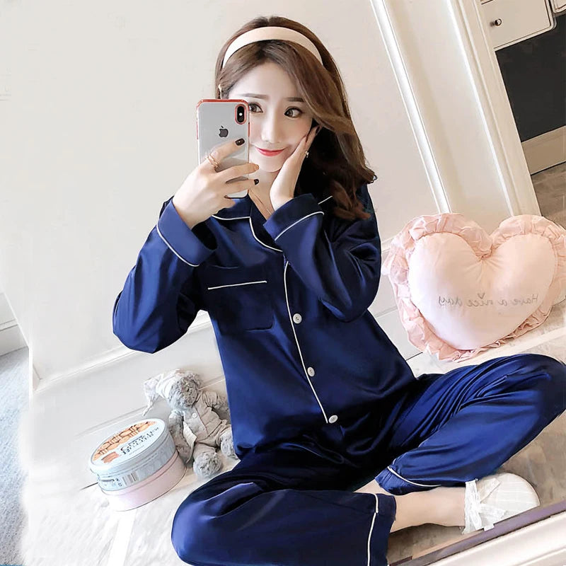 Women's Long-Sleeved Ice Silk Cardigan Pajamas Autumn Two-Piece Casual Home Clothes Plus Size for Summer