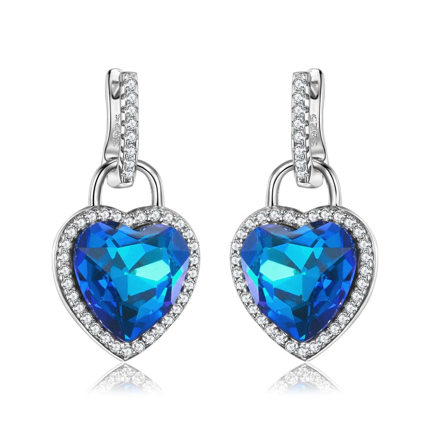 Blue Crystal Clip Earrings Real 925 Sterling Silver Fashion Heart Love Lock Stud Earrings with Zirconia for Women Trendy Jewelry