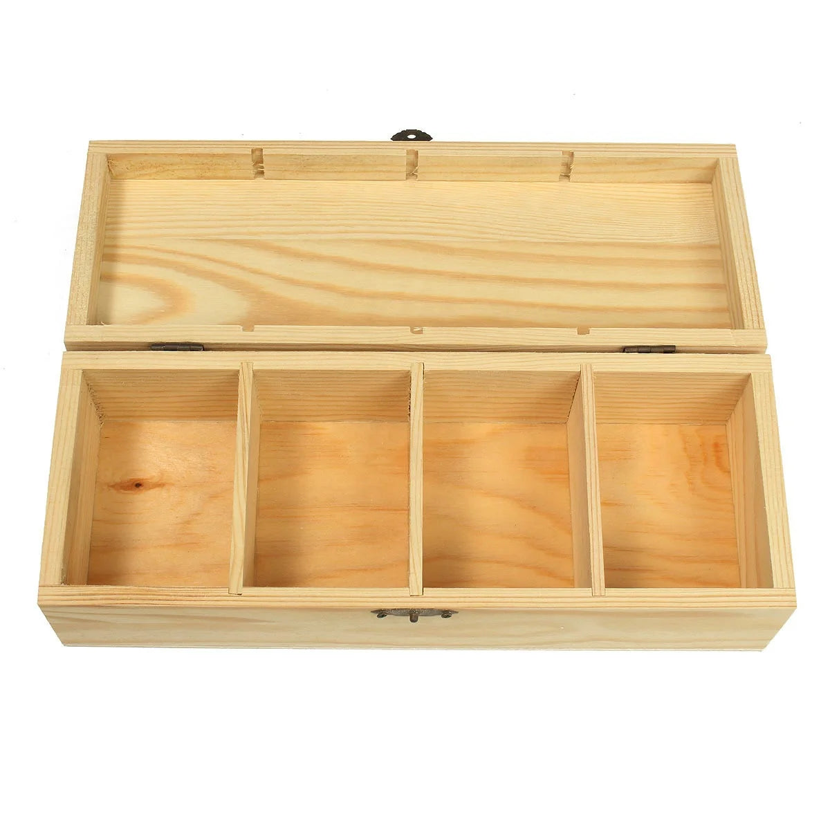 Natural Pine Wooden Tea Food Box for Storage 4 Dividers Compartments Love Style Pattern for Souvenir and Model Decor