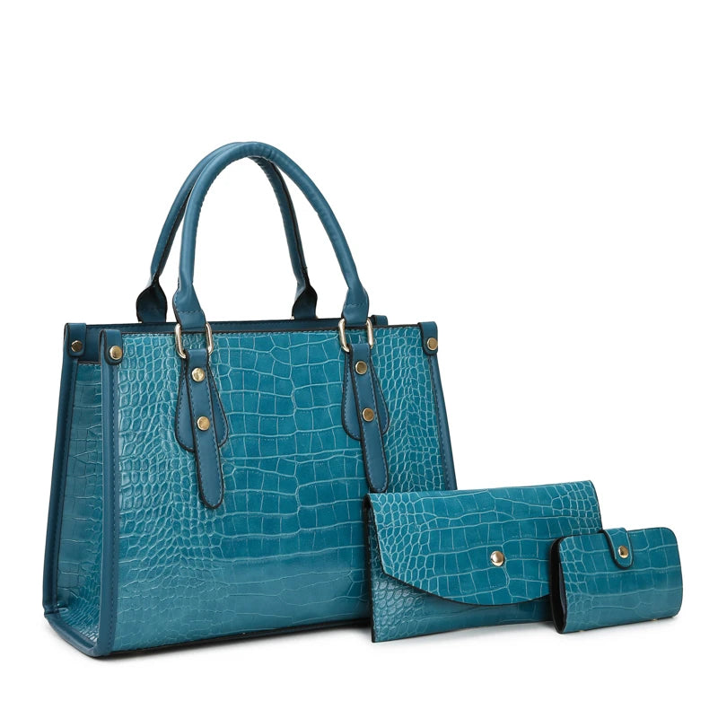 Wholesale Crocodile Pattern New Sty 3 Pieces Set Handbag Women Pu Leather Hand and Bag