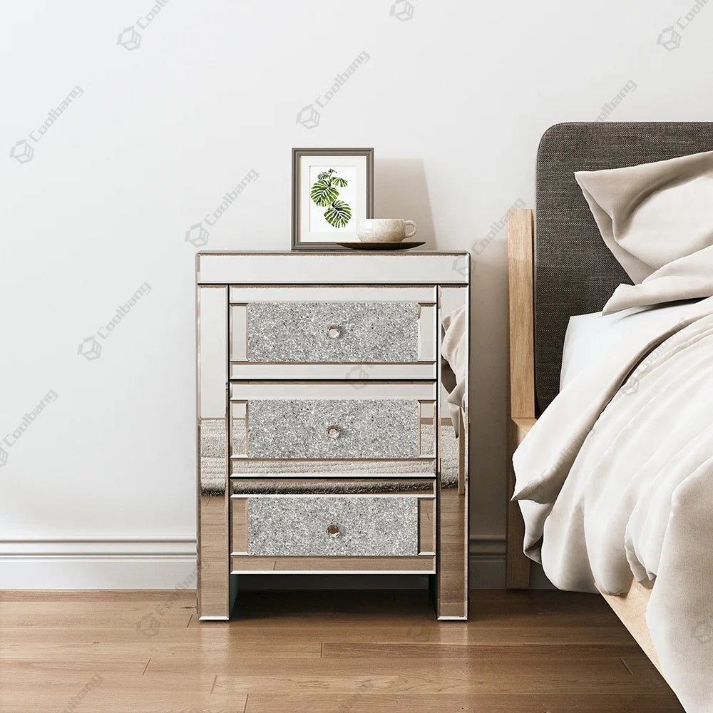 Fast Delivery Free Shipping Mirrored Bedroom Furniture Modern 3 Drawers Silver Diamond Bedside Table Luxury Nightstands