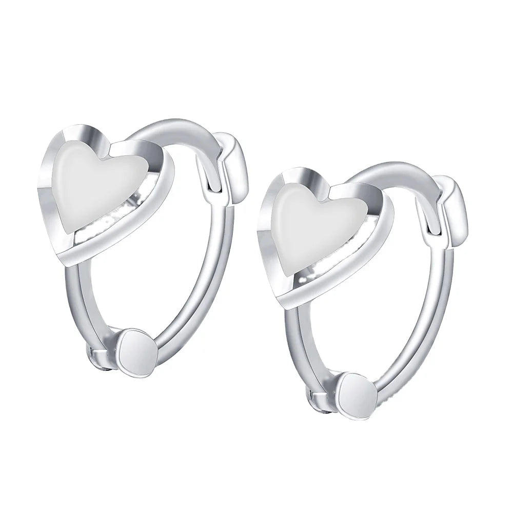 Bulk Wholesale Hollow Heart Shaped White Enamel Korean 925 Silver Woman Heart Hoop Earrings
