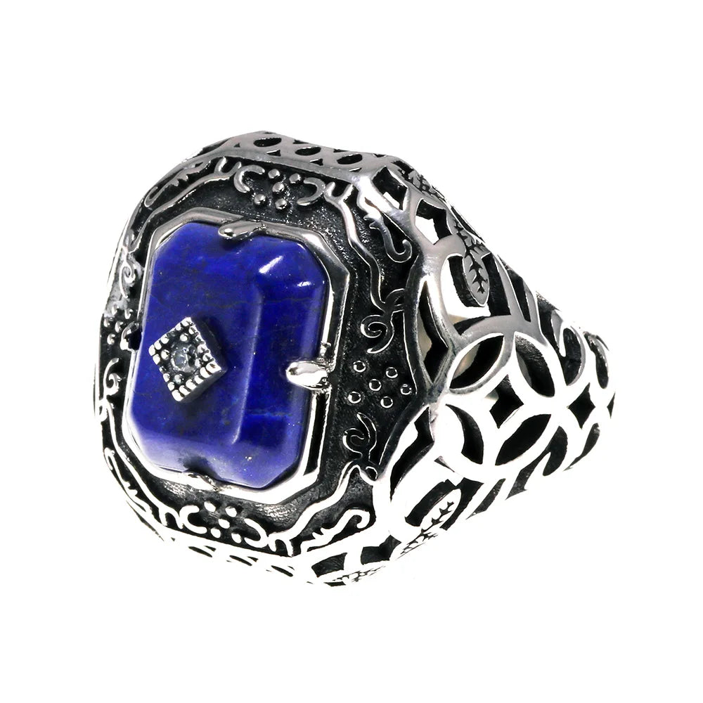 925 Sterling Silver Lapis Lazuli Ring for Men and Women Vintage Hollow Flowers Rings Natural Stone Male Jewelry