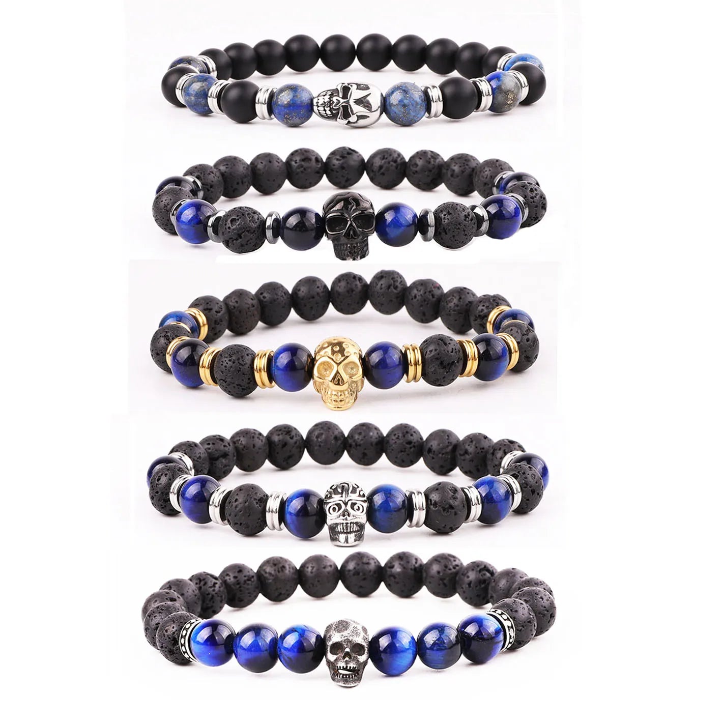 Yiwu Renting Jewelry Factory Making Natural Lava Stone Blue Tiger Eye Beaded Stainless Steel Skull Charm Elastic Bracelet Men