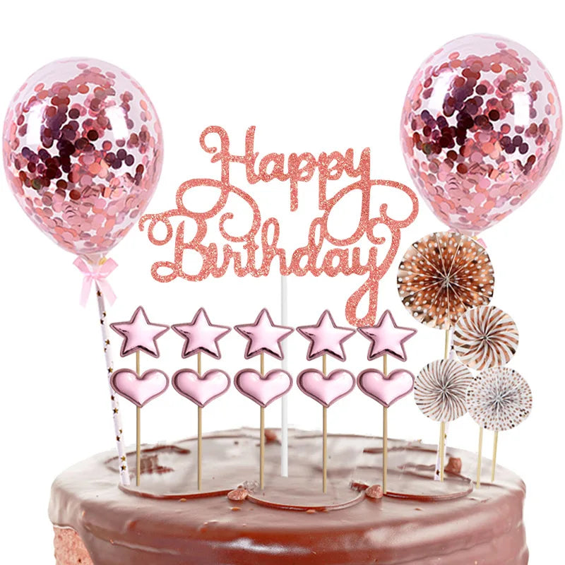 Rose Gold 5-Inch Star Heart Glitter Latex Balloon PU Leather Happy Birthday Cake Topper for Cake Decorating