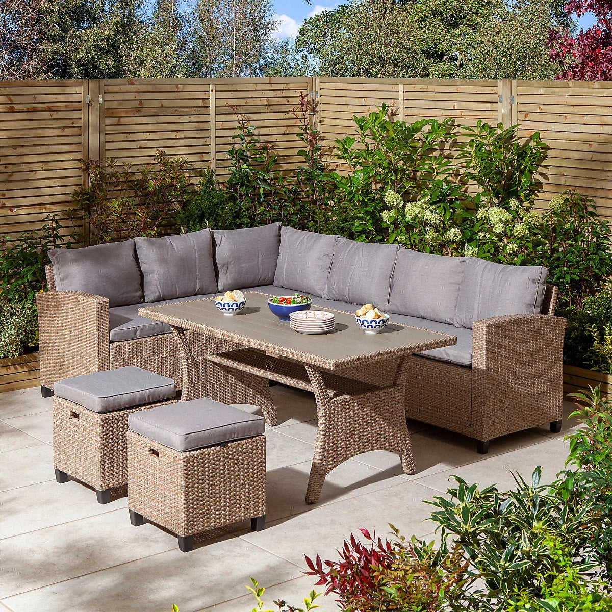 L-shape Wicker Garden Lounge Sofa Backyard Seating Group Outdoor Furniture Patio Rattan Dining Sofa Set With Ottoman