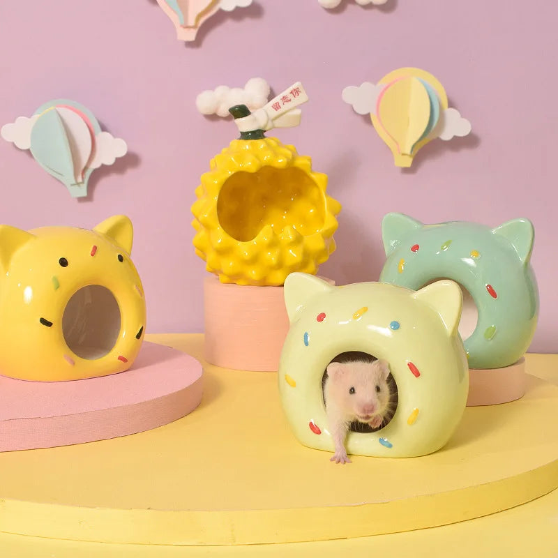 Doughnut Cat Head Hamster Ceramic Nest Summer Cooling Hamster House