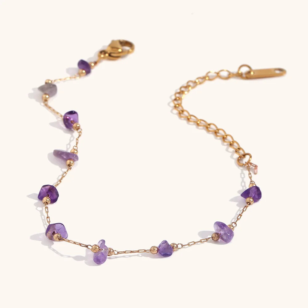 Stainless Steel Gold Chain Bohemian Irregular Gravel Natural Stone Crystal Amethyst Rose Quartz Beach Bracelet Anklets for Women