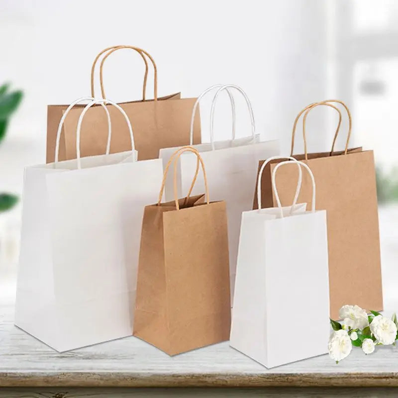 KM White and Brown Kraft Paper Twisted Handle Shopping Carrier Bag With Logo Printed