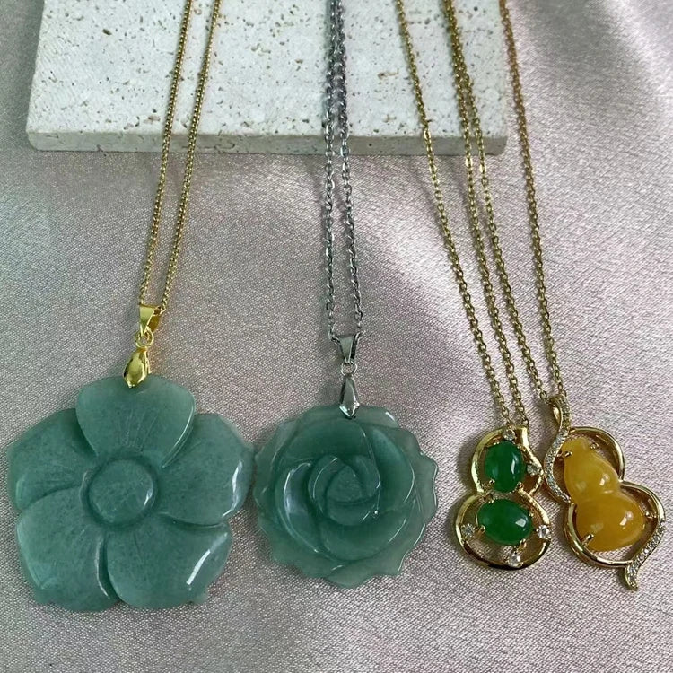 Natural Jadeite Blue Water Rose Jade Pendant Necklace 18K Gold Fashion Women's Jewelry Original Design Gift