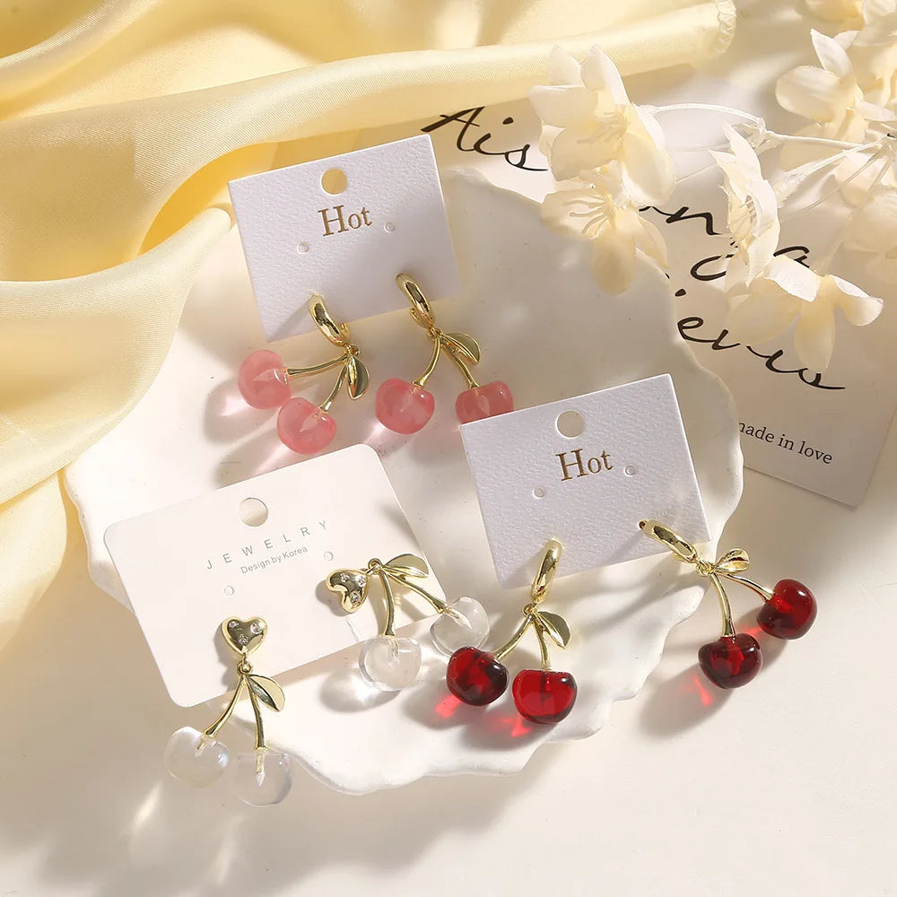 Wholesale Cute Pink Cherry Fruit Shaped Drop Earrings Fashion Sweet Resin Cherry Earrings for Girl Jewelry