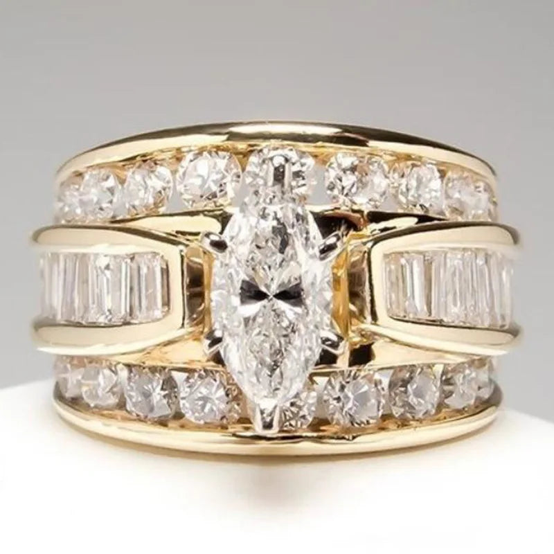 Huitan Noble Marquis Gem Zircon Anillos Lady Girls Three Layers Stackable Trendy Vintage Rings Gold Plated Woman