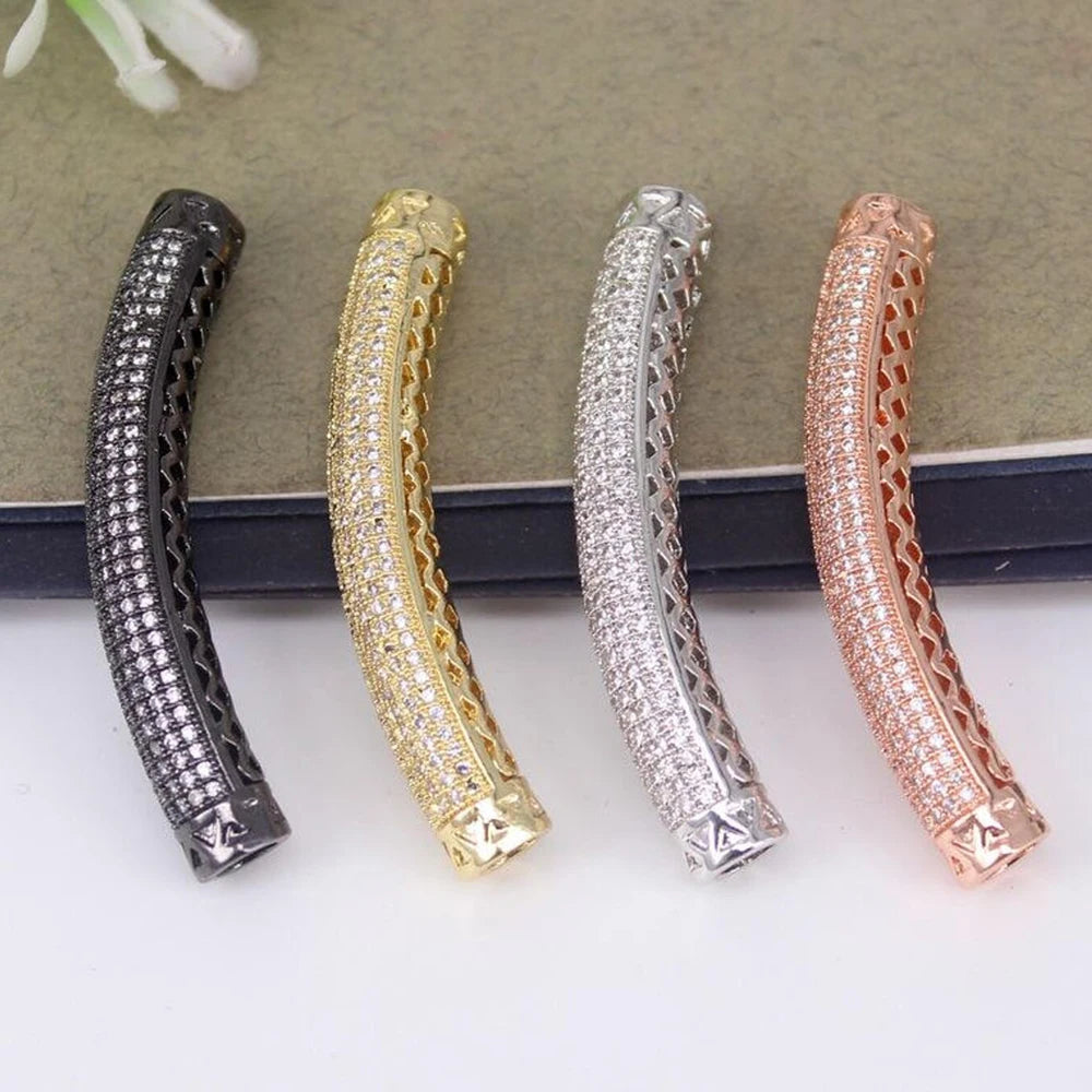 5*37mm CZ Metal Copper Micro Pave CZ Curved Pipe BeadCubic Zirconia Tube Connector Beads for Jewelry Making