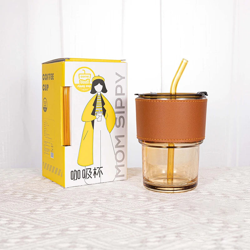 Custom Logo Glass Travel Coffee Cup Mug With Cover and Straw Heat-Resistant Tea Water Bottle With Leather Sleeve Gift