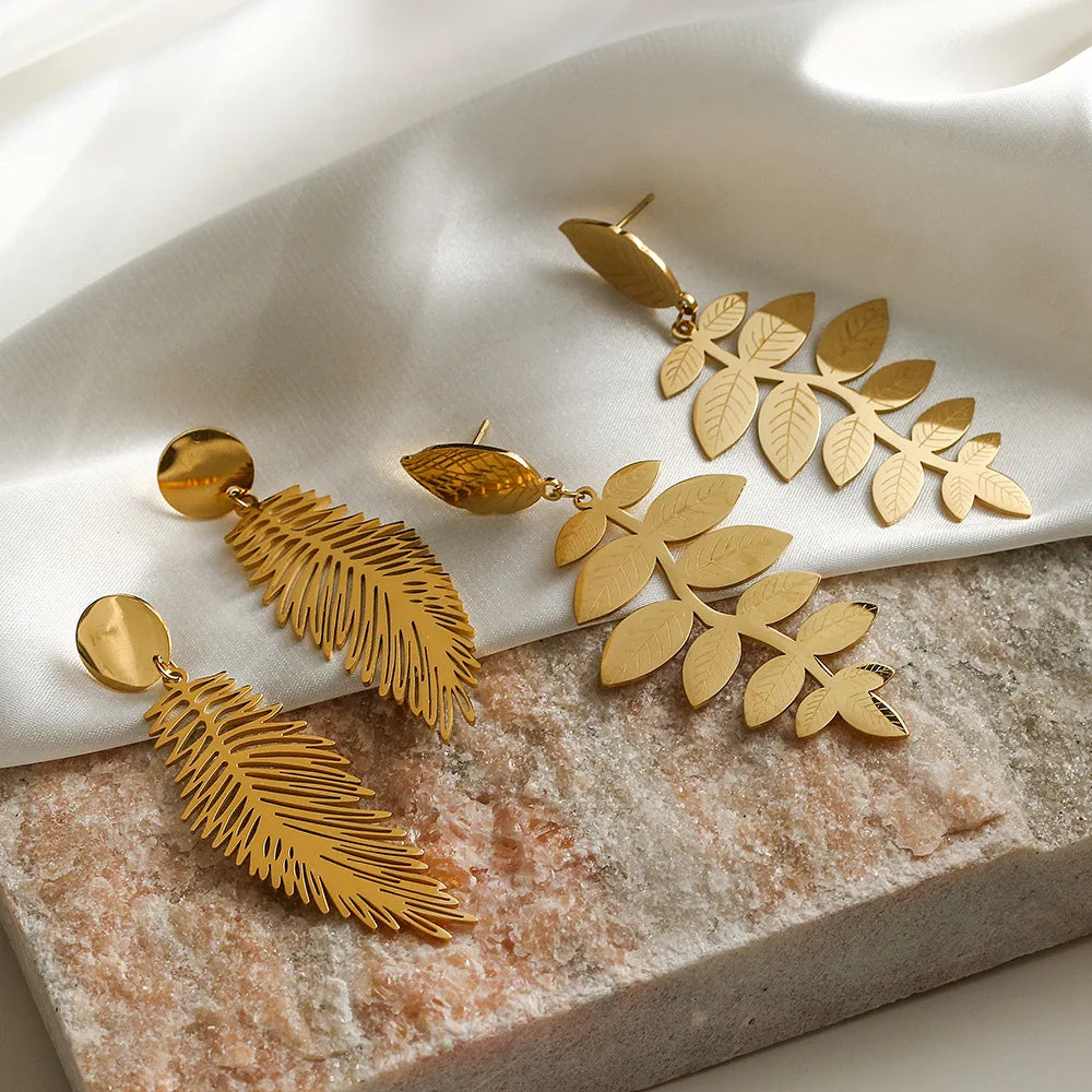 Waterproof Hypoallergenic Real 18k Gold Plated Metal Leaf Earrings Stainless Steel Palm Leaf Earrings
