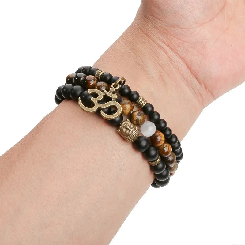 3PC Customize Luxury Men Jewelry Stunning Tiger Eye Stone Buddhism Buddha Lotus Natural Stone Beaded Charm Bracelet Men