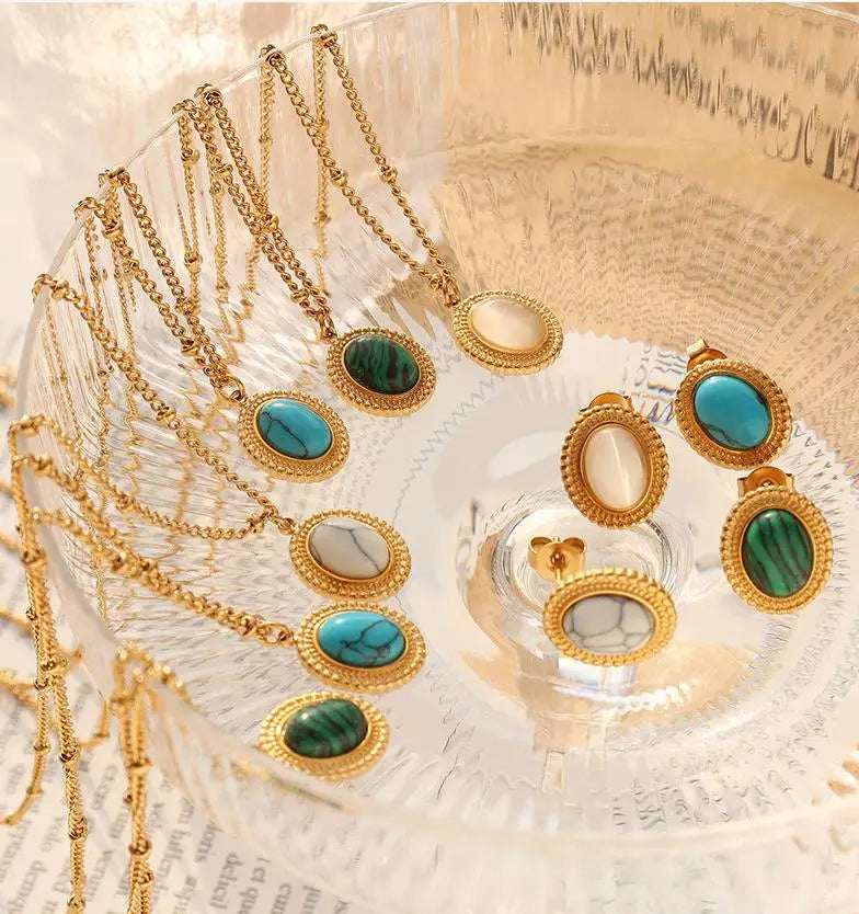 Custom Oem Retro Natual Stone Stainless Steel Jewelry Sets 18k Gold Earrings Necklace French Bohemia Jewelry
