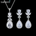 LUOTEEMI Fashion Lady Water Drop Tear Earrings Flower Zirconia Pendant Necklace for Woman Wedding Jewelry Set