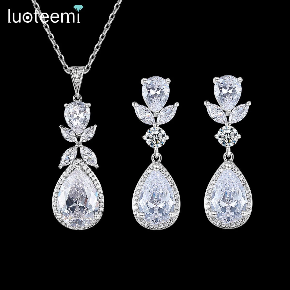 LUOTEEMI Fashion Lady Water Drop Tear Earrings Flower Zirconia Pendant Necklace for Woman Wedding Jewelry Set