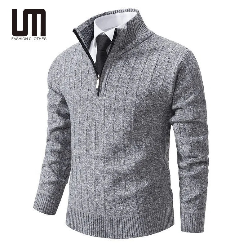 Liu Ming Vintage Fashion Trending Men Winter Casual Long Sleeve Zipper Stand Collar Knitted Plus Size Sweater