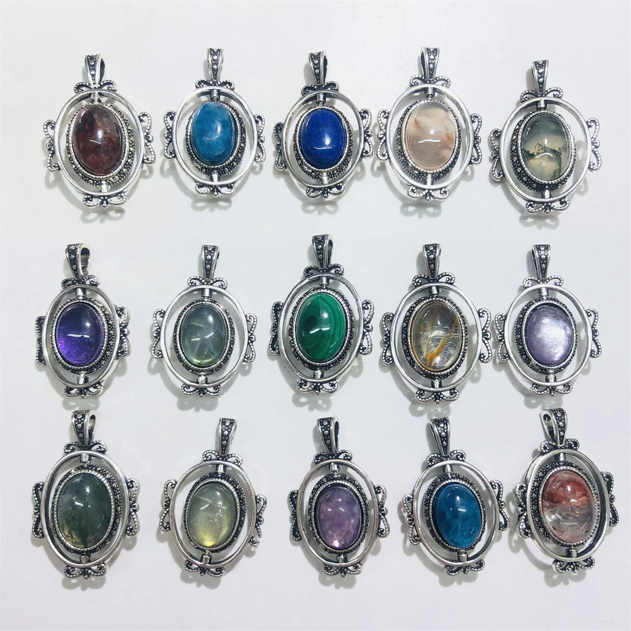 Rotatable Crystal Pendant Different Material Natural Crystal Flower Agate Malachite Pendant for Decoration