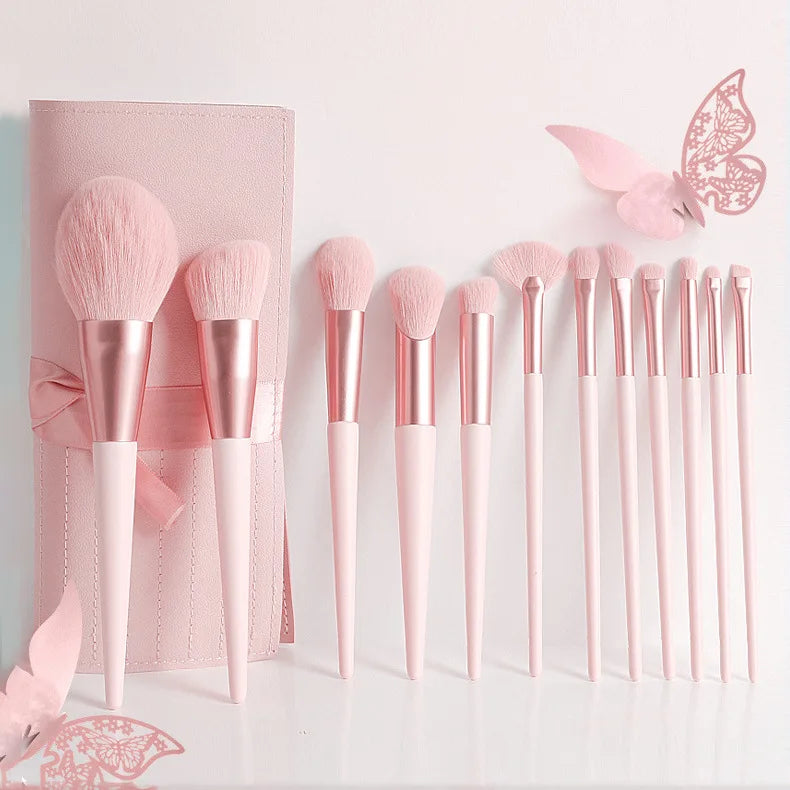 Wholesale 12pcs Cute Pink Vegan Makeup Brush Set Soft Synthetic Hair Plastic Handle Face Concealer Shaving Brushes