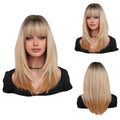 WH17 Medium Length Straight Layered Synthetic Wigs Ombre Blonde With Bangs Wigs for Women