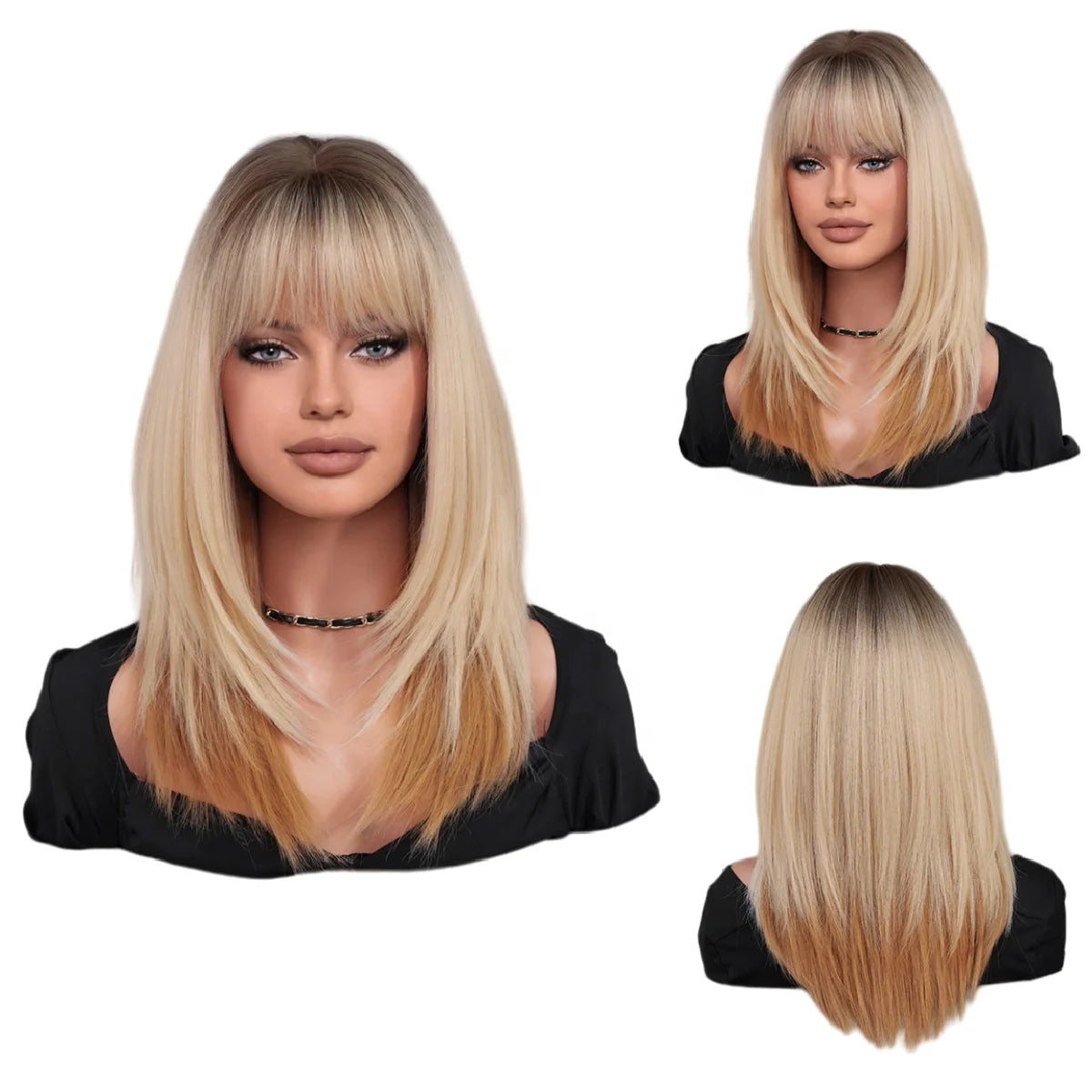 WH17 Medium Length Straight Layered Synthetic Wigs Ombre Blonde With Bangs Wigs for Women