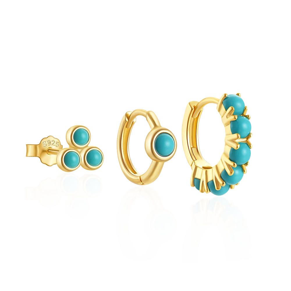 Fashion Earrings Set Jewelry 925 Sterling Silver Three Beads Stud Earrings Round Turquoise Gold Plated Hoop Earrings Women