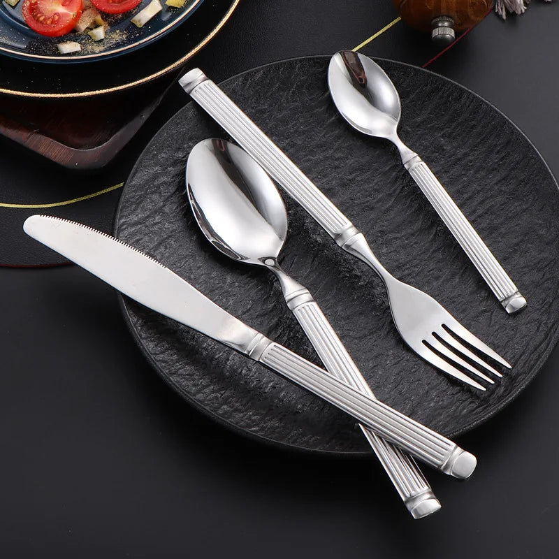 High-End Luxury Stainless Steel Mirror Cutlery Flatware Dinnerware Sets Knife Fork Spoon with Rome Pillar Handle Design
