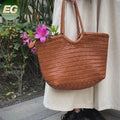 EMG7320 Fashion Women Large Grain Brown Luxury Beach Weave Bags Ladies Mini Crochet Bucket Tote Knack Exotic Woven Leather Bag