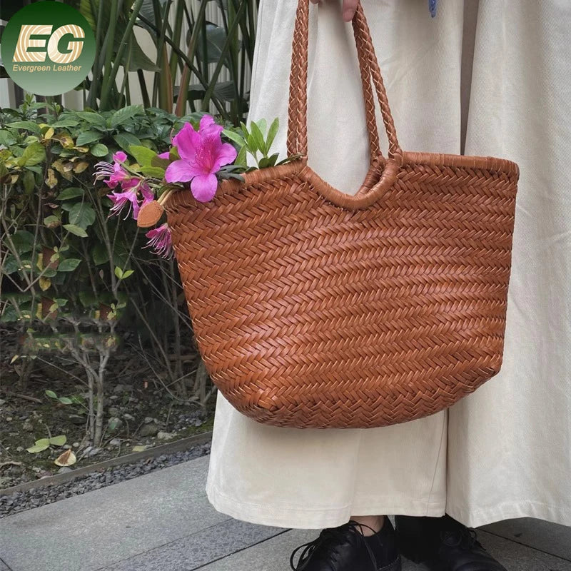 EMG7320 Fashion Women Large Grain Brown Luxury Beach Weave Bags Ladies Mini Crochet Bucket Tote Knack Exotic Woven Leather Bag