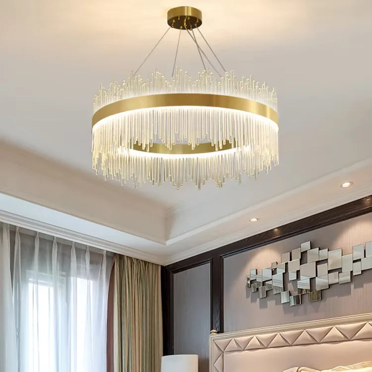 Rings Style Modern Stainless Steel Pendant Light Large Round Gold Luxury Glass Led Chandelier for Living Room