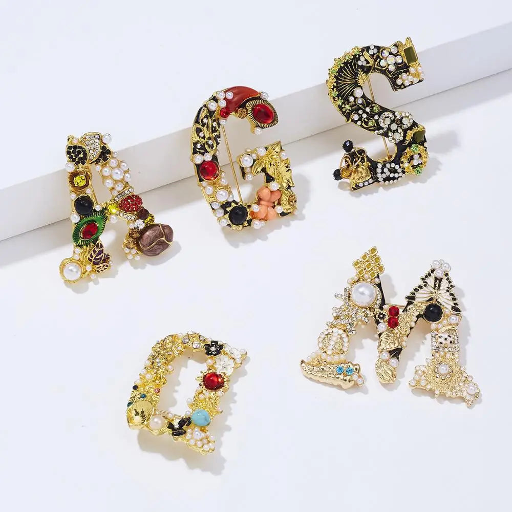 Jachon Fashion Charm Diamond Rhinestone Crystal Pearl Hollow Letter Word Brooch Pin Brooches Women Jewelry Accessory
