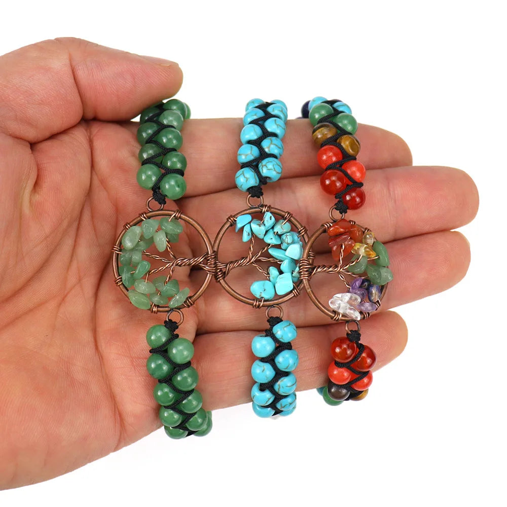 Natural Stone Crystal Beads Woven Tree of Life Bracelets Gemstone Jewelry Green Aventurine 7chakra Healing Adjustable Bracelets