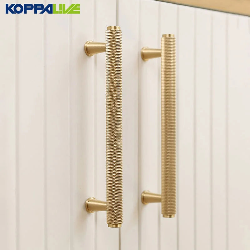 Koppalive Solid Brass Cross Knurled Cabinet Door Handles Gold & Black Textured Drawer Pulls Rustproof Kitchen Furniture Hardware