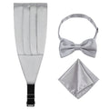 Silver Cummerbund Bow Tie Pocket Square Set for Men-100% Polyester Adjustable Strap Durable Cravats & Handkerchief Accessories
