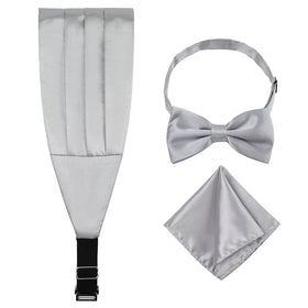 Silver Cummerbund Bow Tie Pocket Square Set for Men-100% Polyester Adjustable Strap Durable Cravats & Handkerchief Accessories