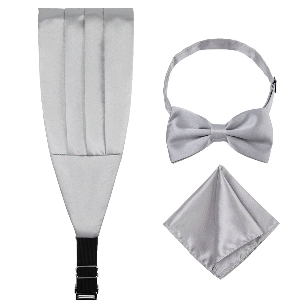 Silver Cummerbund Bow Tie Pocket Square Set for Men-100% Polyester Adjustable Strap Durable Cravats & Handkerchief Accessories
