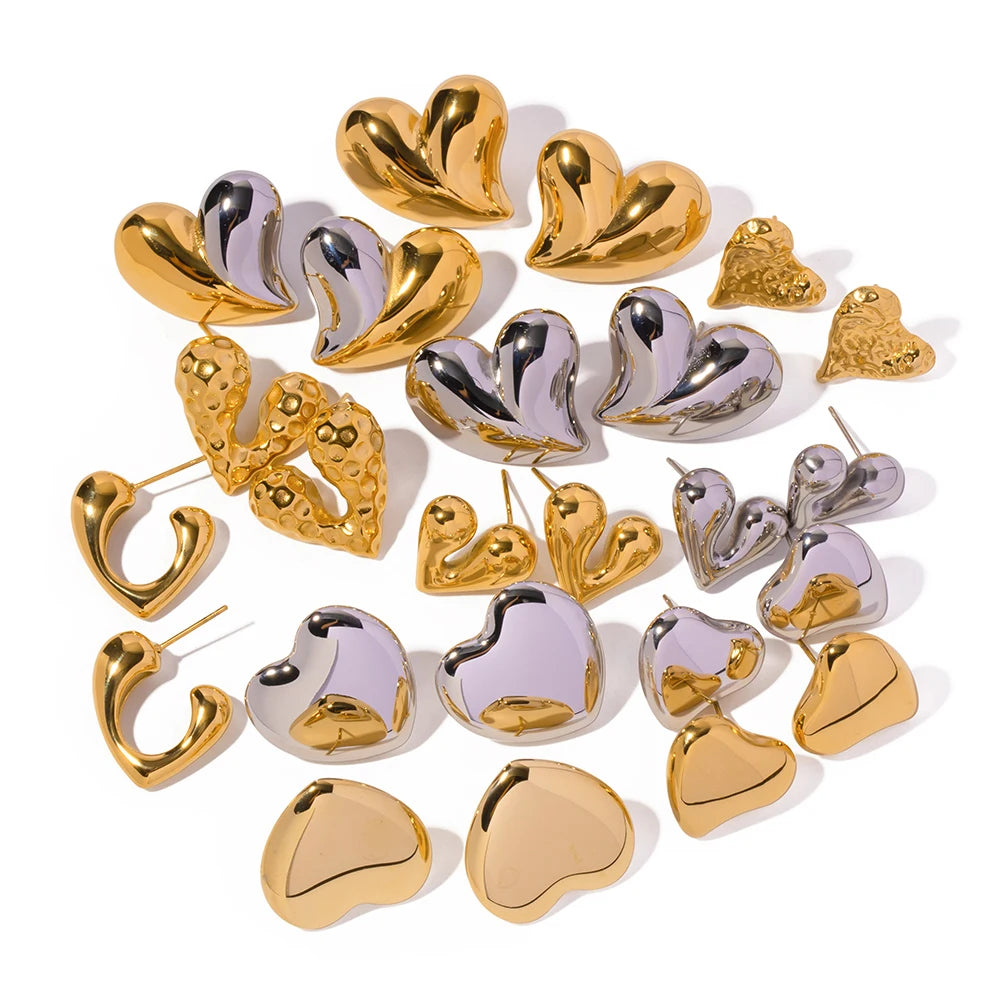 J&D New Trendy PVD Gold Plated Heart Stud Earring Dainty Hammer Heart Shape Earrings Sets for Women