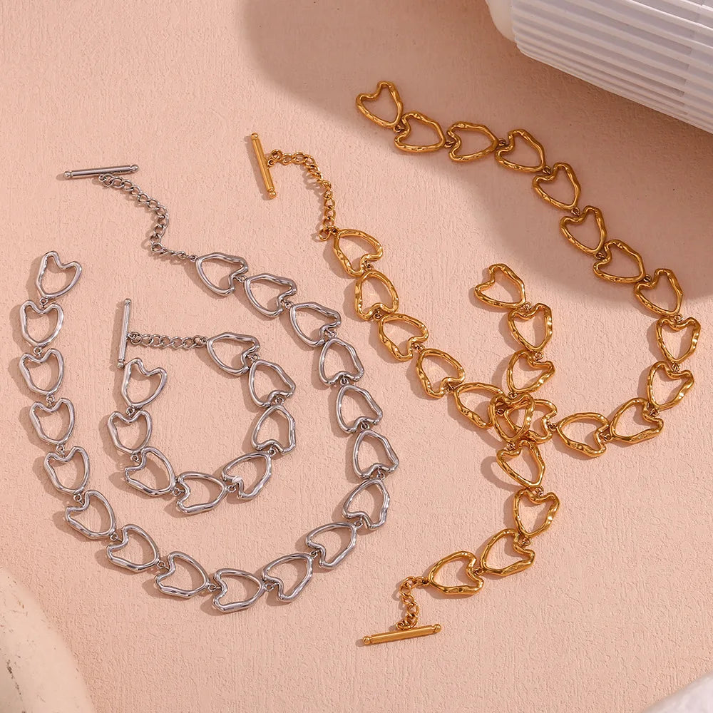 Chunky Statement Fine Chain Heart Linked Necklace 18k Gold Plated Stainless Steel Pendant Chain Dainty Gift Bracelet for Women
