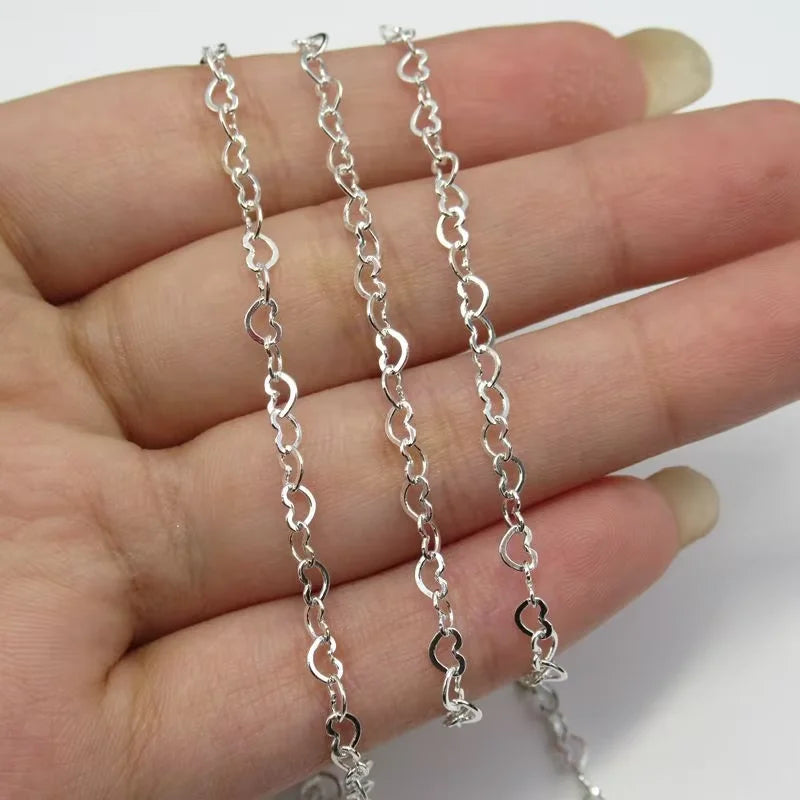 2.2mm Love Heart Chain Bulk Genuine 925 Sterling Silver Heart Shaped Link Chain for Permanent Necklace Bracelet Jewelry Making